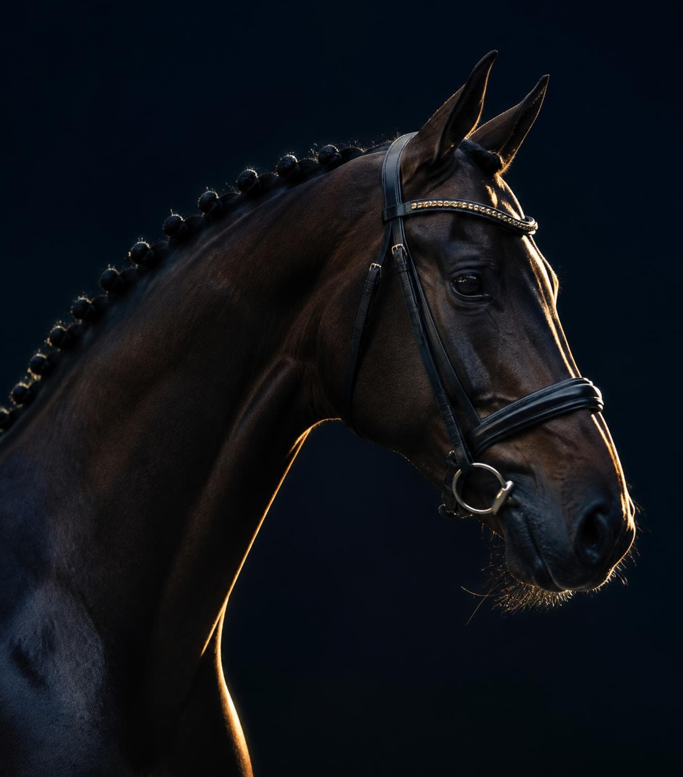 Dressage horse portrait in low light