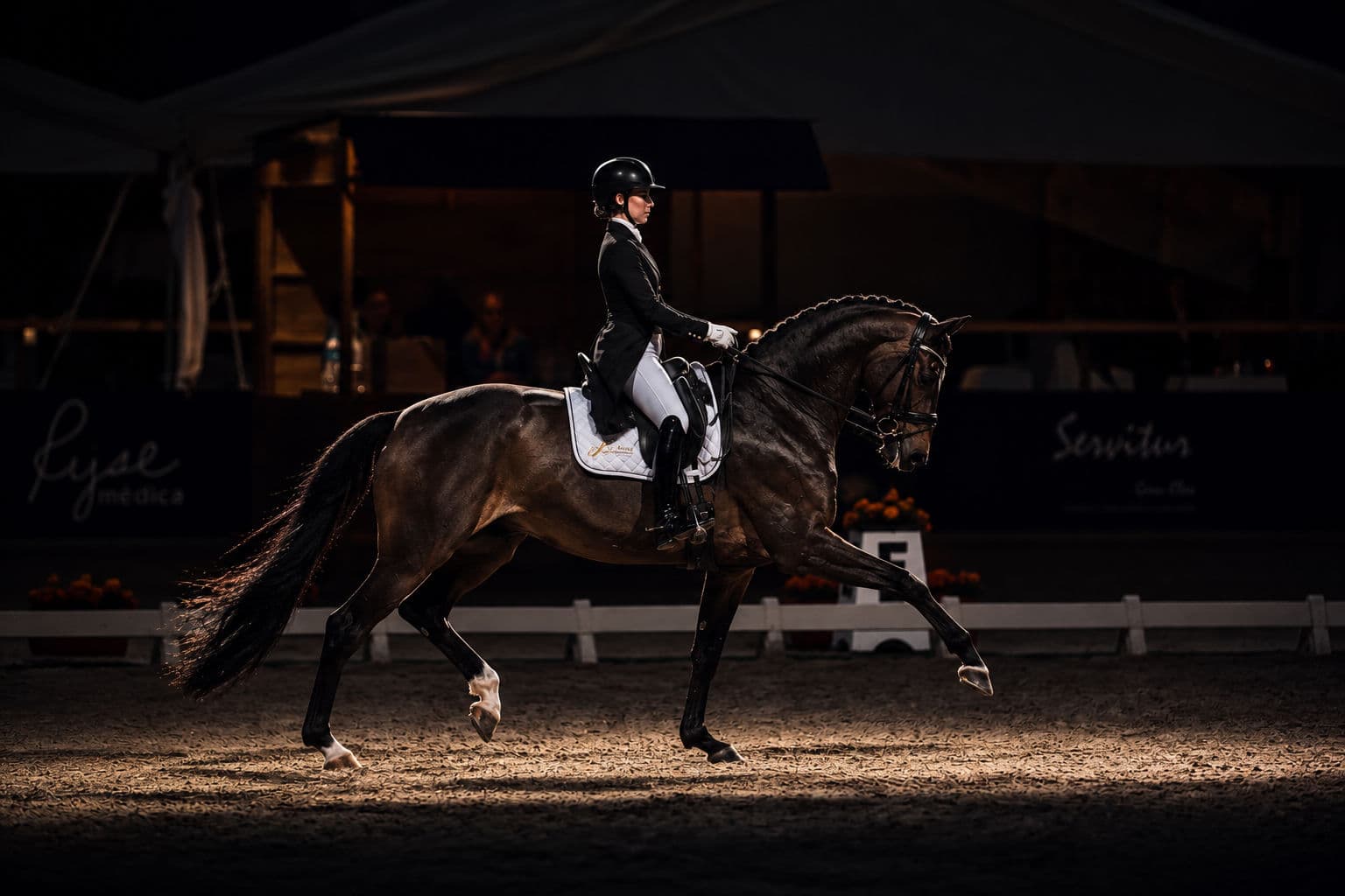 Dressage rider in extended trot in a dim arena